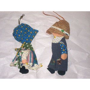 Vintage Holly Hobbie & Robbie Hobbie Fabric on Metal Christmas Ornament set 70's